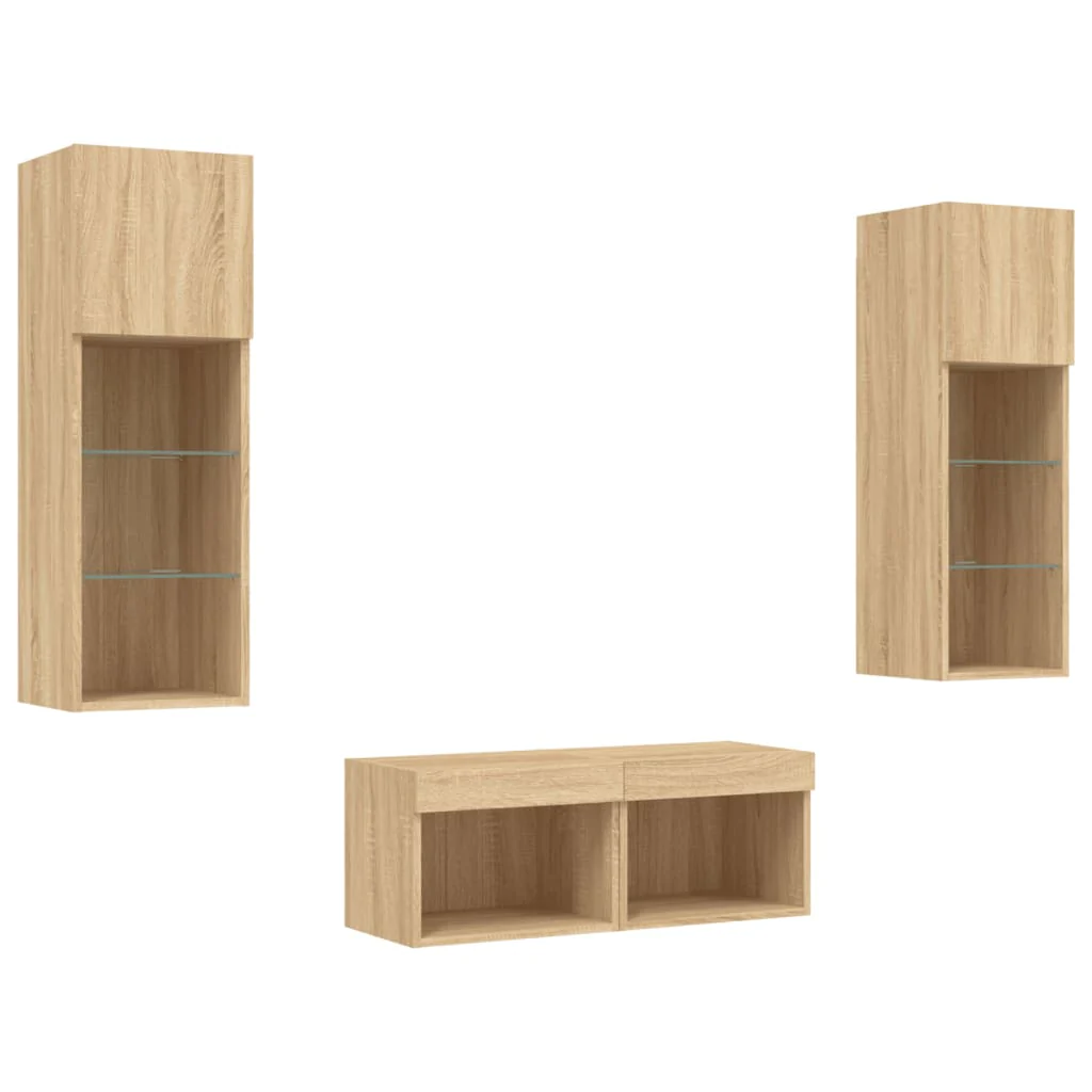 4 Piece TV Wall Cabinets with LED Lights Sonoma Oak - Image 3