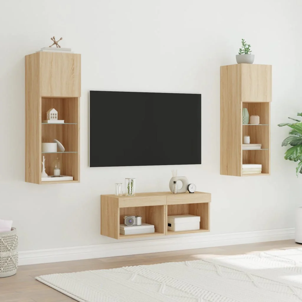 4 Piece TV Wall Cabinets with LED Lights Sonoma Oak - Image 4