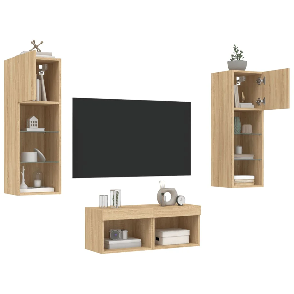 4 Piece TV Wall Cabinets with LED Lights Sonoma Oak - Image 5