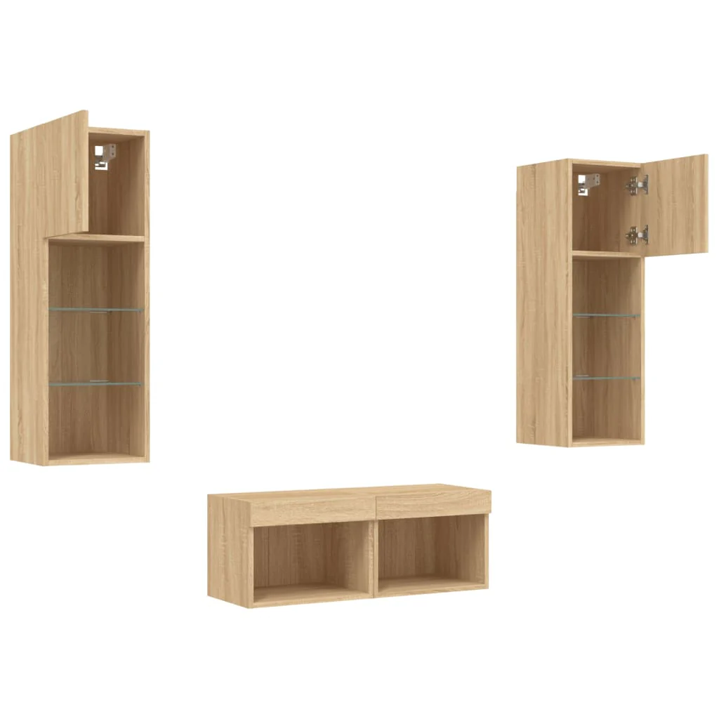 4 Piece TV Wall Cabinets with LED Lights Sonoma Oak - Image 6