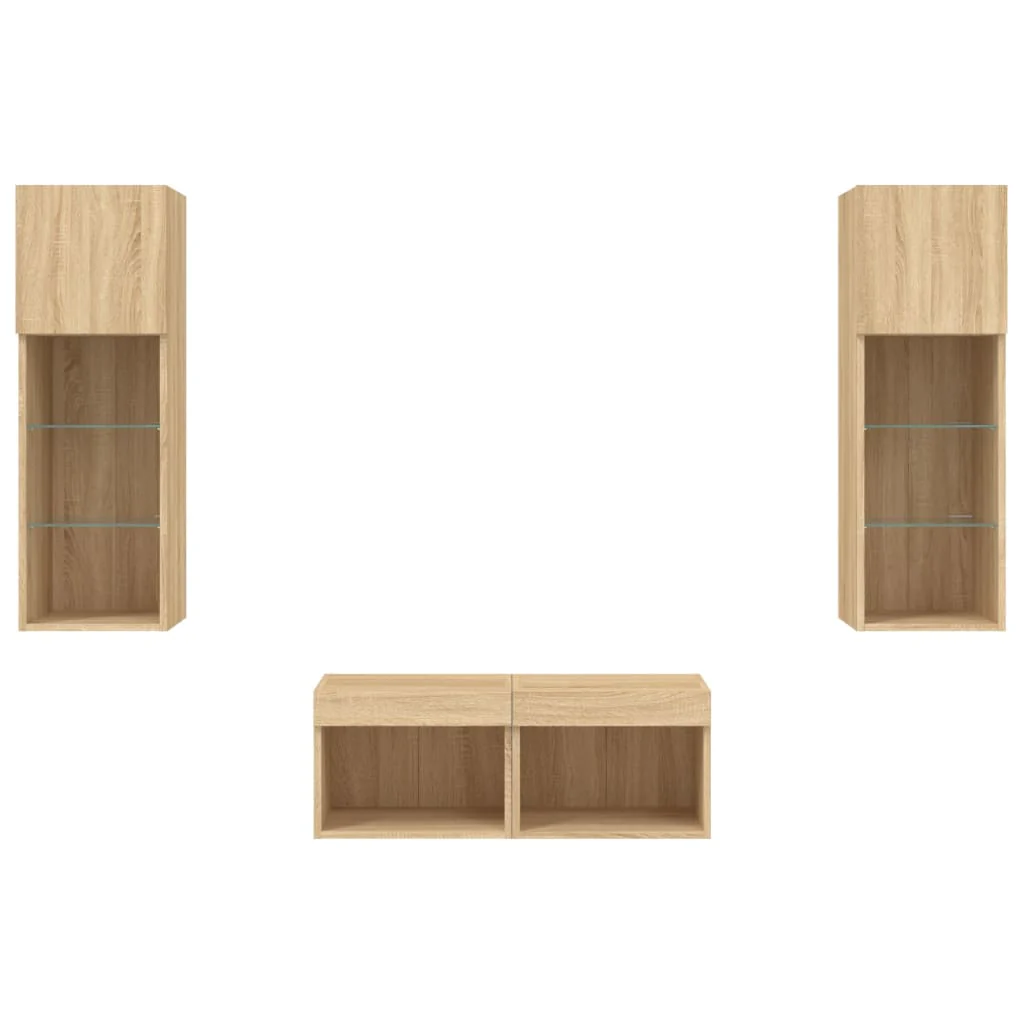 4 Piece TV Wall Cabinets with LED Lights Sonoma Oak - Image 7