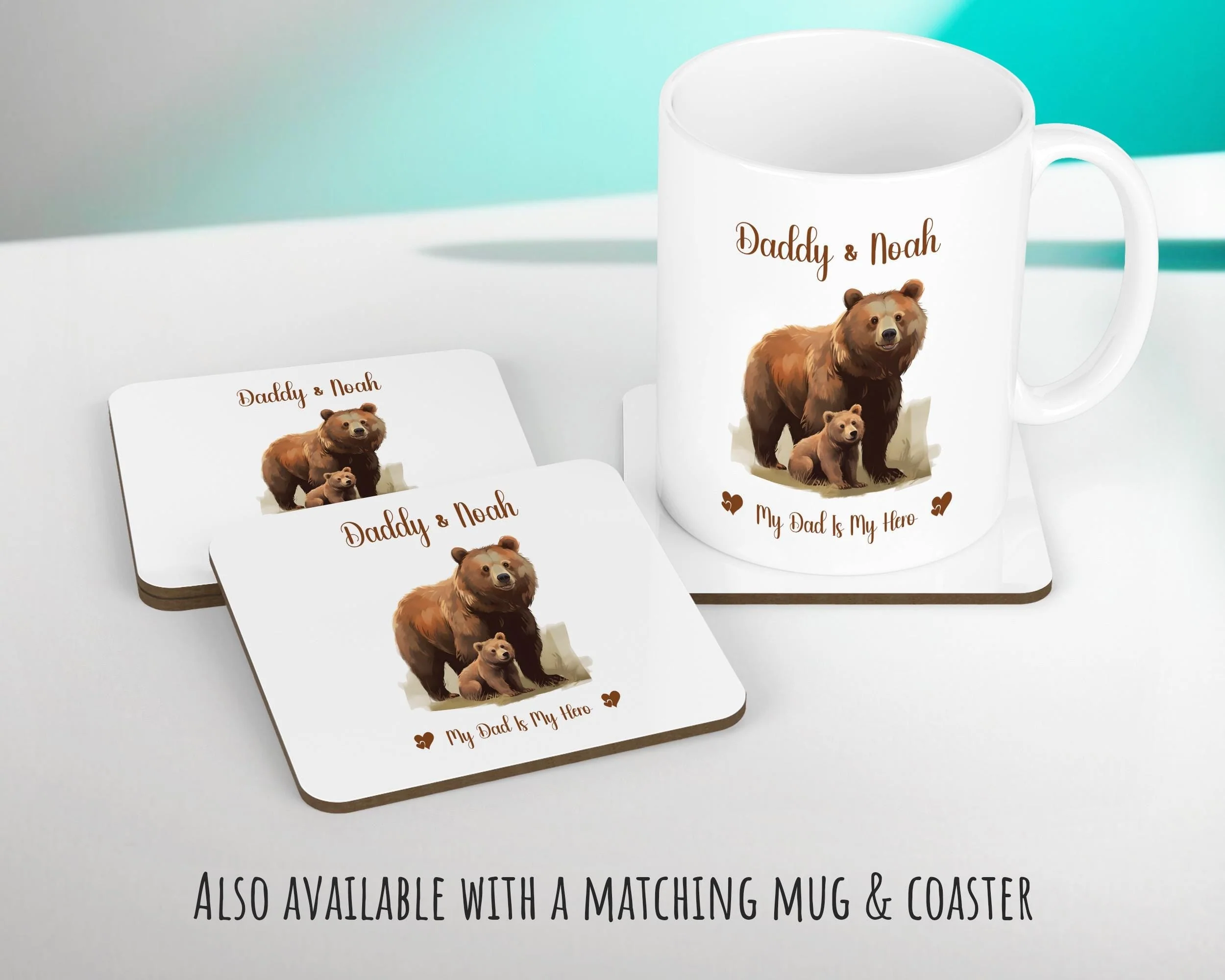 Fathers Day Gift from Son Daughter - Personalised Bear Design Scatter Cushion Matching Daddy Mug Coaster Gift Bundle Gifts for Dad FD001 - Image 3