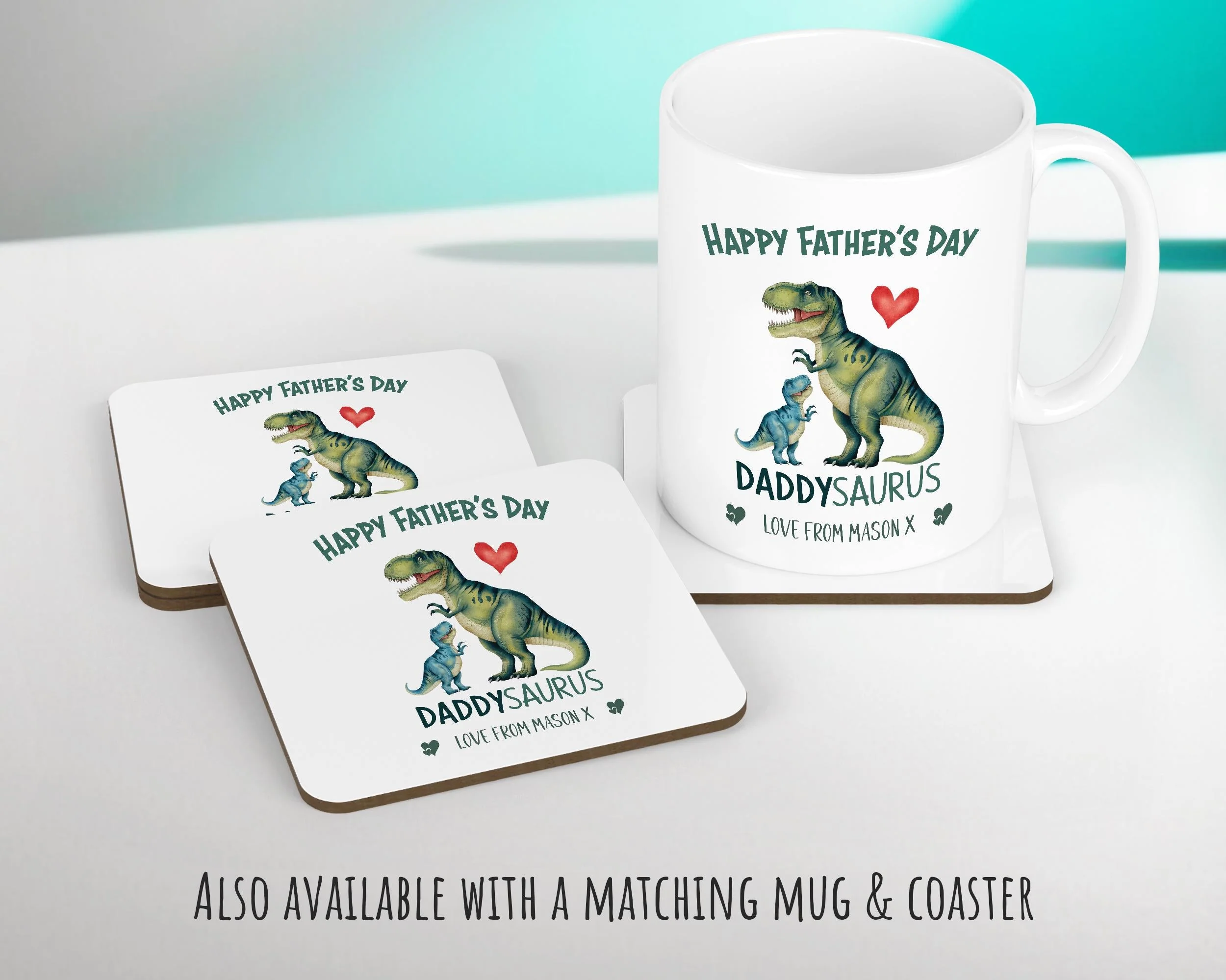 Fathers Day Gift from Son Daughter - Personalised Dinosaur Daddysaurus Design Cushion Matching Daddy Mug Coaster Gift Bundle for Dad FD004 - Image 3