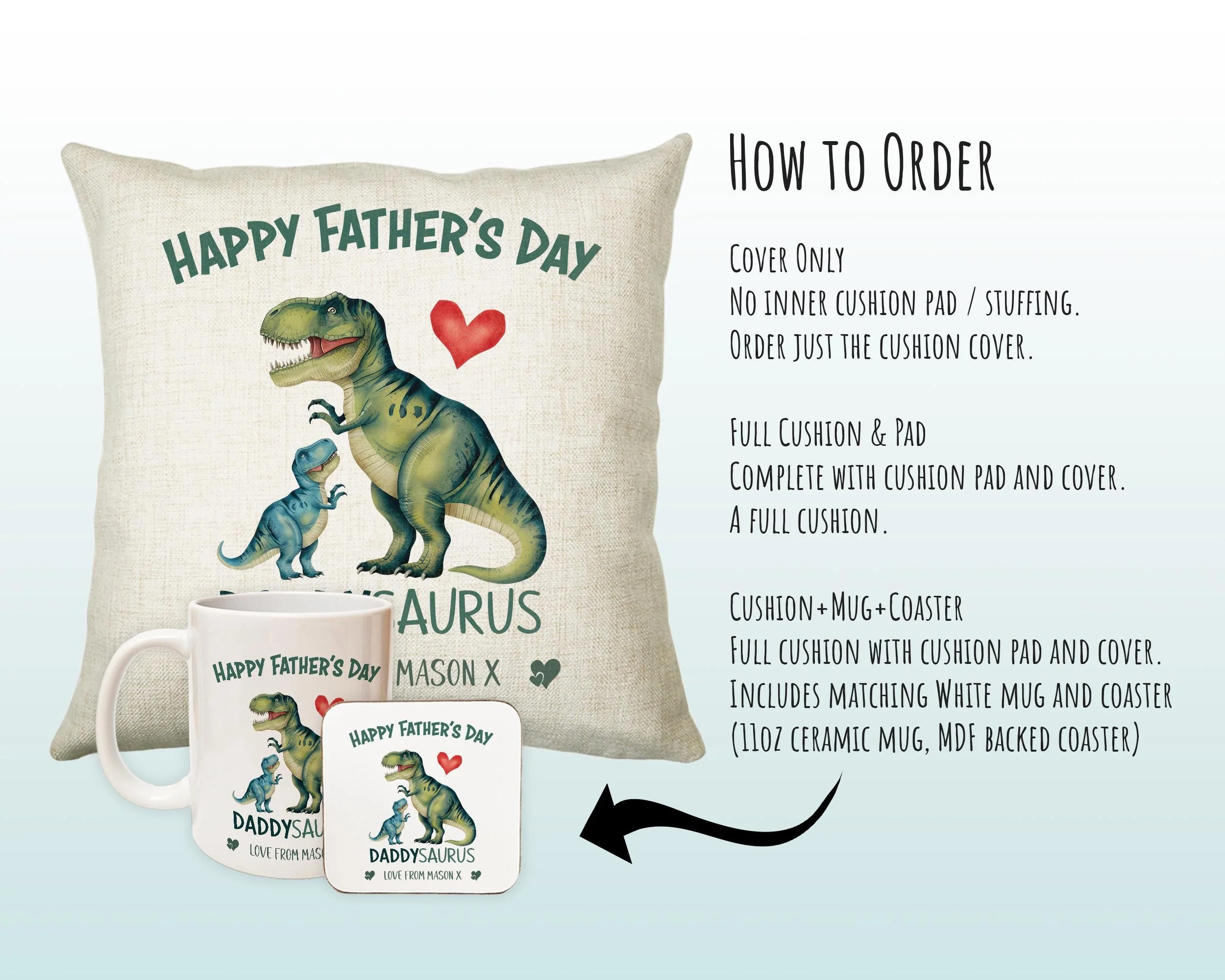 Fathers Day Gift from Son Daughter - Personalised Dinosaur Daddysaurus Design Cushion Matching Daddy Mug Coaster Gift Bundle for Dad FD004 - Image 5