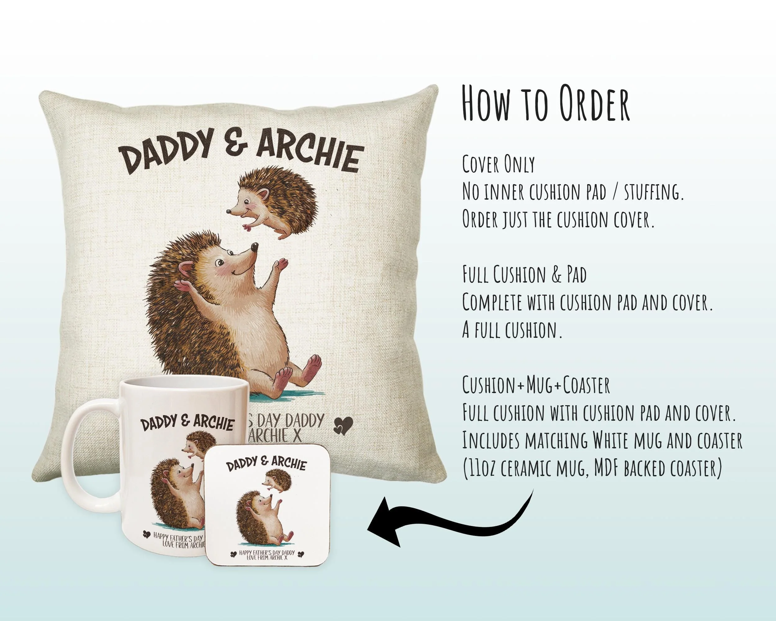 Fathers Day Gift from Son Daughter - Personalised Hedgehog Design Scatter Cushion Matching Daddy Mug Coaster Gift Bundle Gifts for Dad FD008 - Image 4