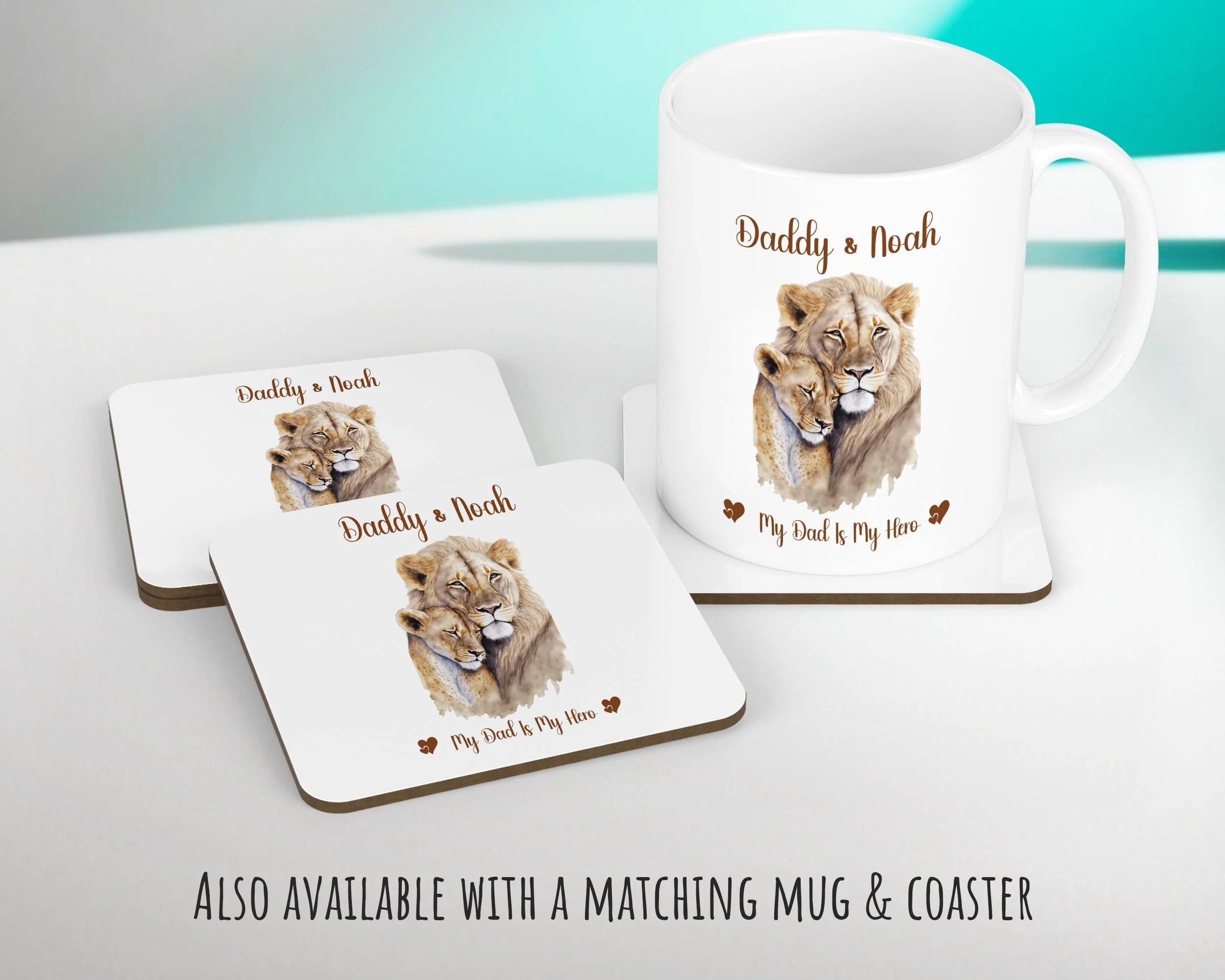 Fathers Day Gift from Son Daughter - Personalised Lion Design Scatter Cushion Matching Daddy Mug Coaster Gift Bundle Gifts for Dad FD002 - Image 4