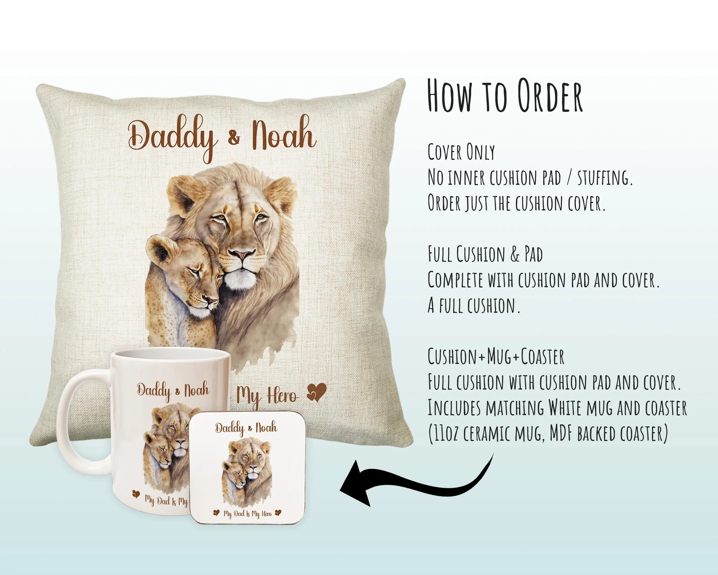 Fathers Day Gift from Son Daughter - Personalised Lion Design Scatter Cushion Matching Daddy Mug Coaster Gift Bundle Gifts for Dad FD002 - Image 6