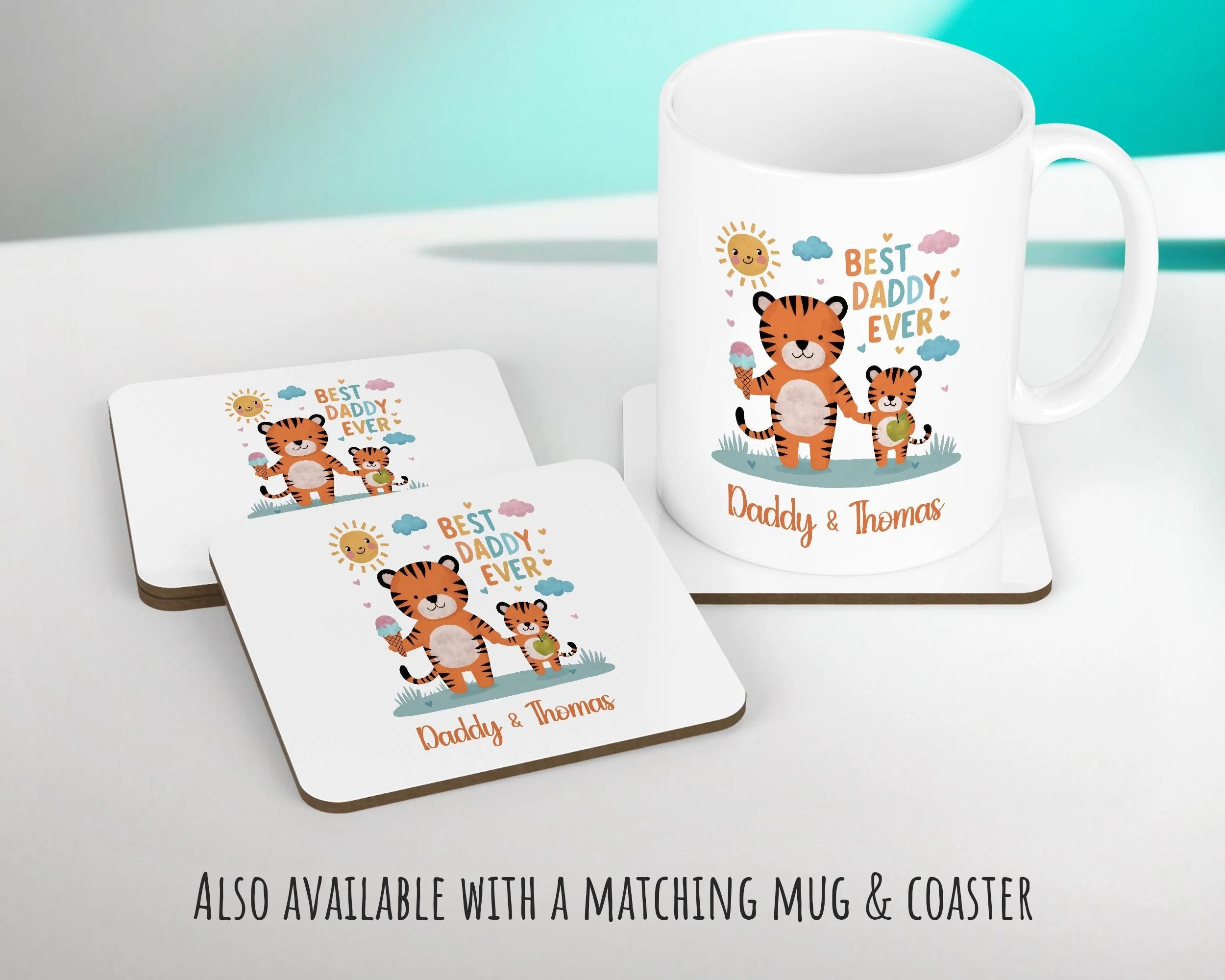 Fathers Day Gift from Son Daughter - Personalised Tiger Design Scatter Cushion Matching Daddy Mug Coaster Gift Bundle Gifts for Dad FD003 - Image 4