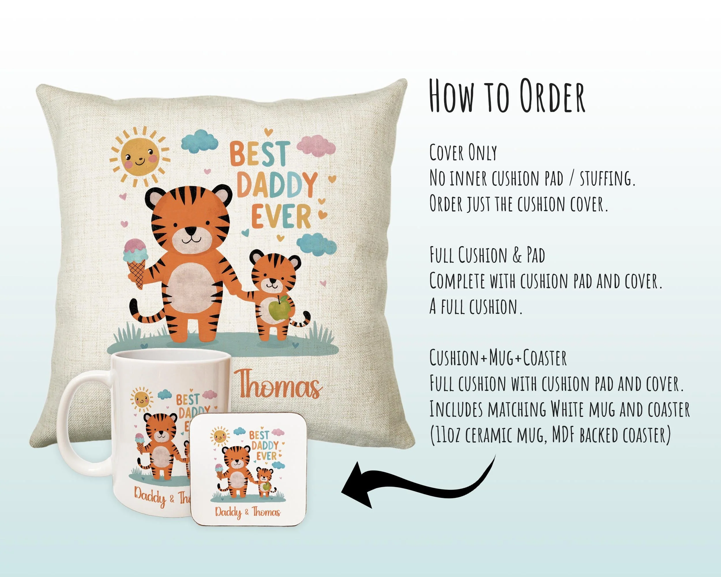 Fathers Day Gift from Son Daughter - Personalised Tiger Design Scatter Cushion Matching Daddy Mug Coaster Gift Bundle Gifts for Dad FD003 - Image 6