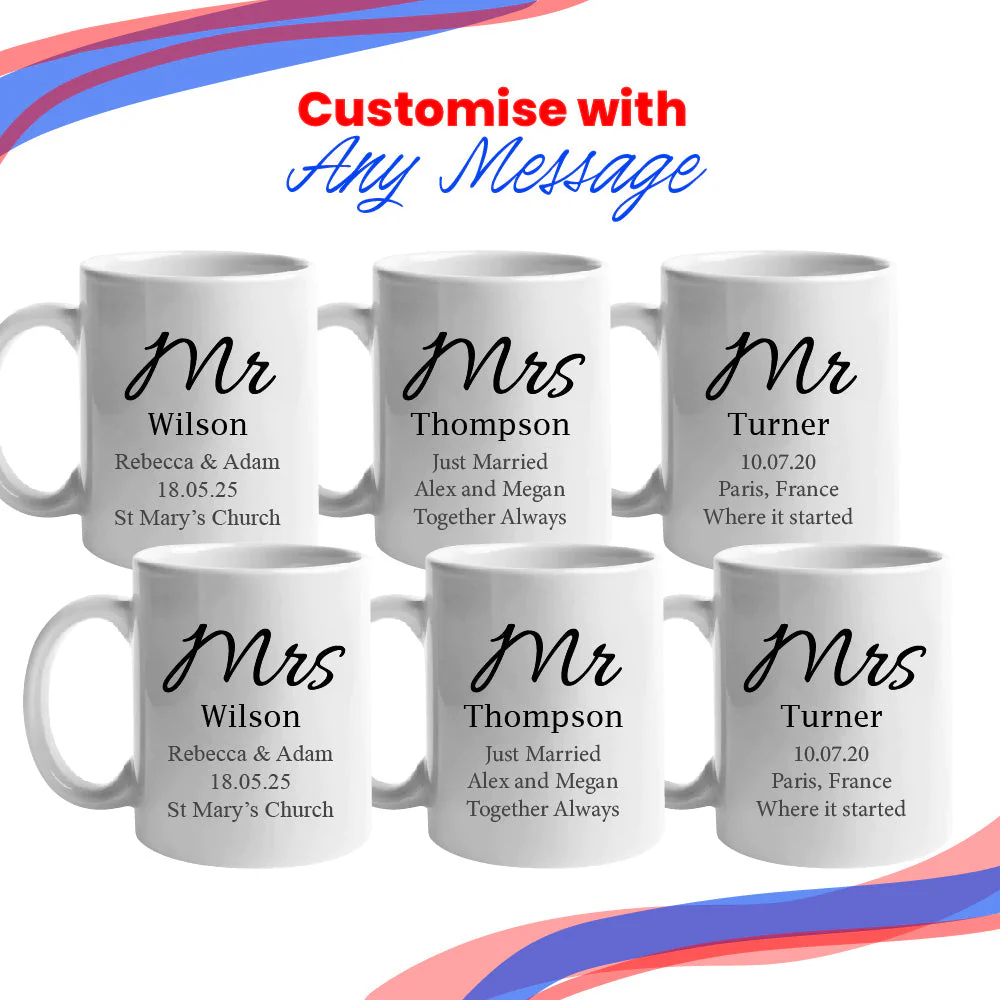 Mr and Mrs Mug Set, Elegant Font Design, Ceramic 11oz/312ml Mugs - Image 4