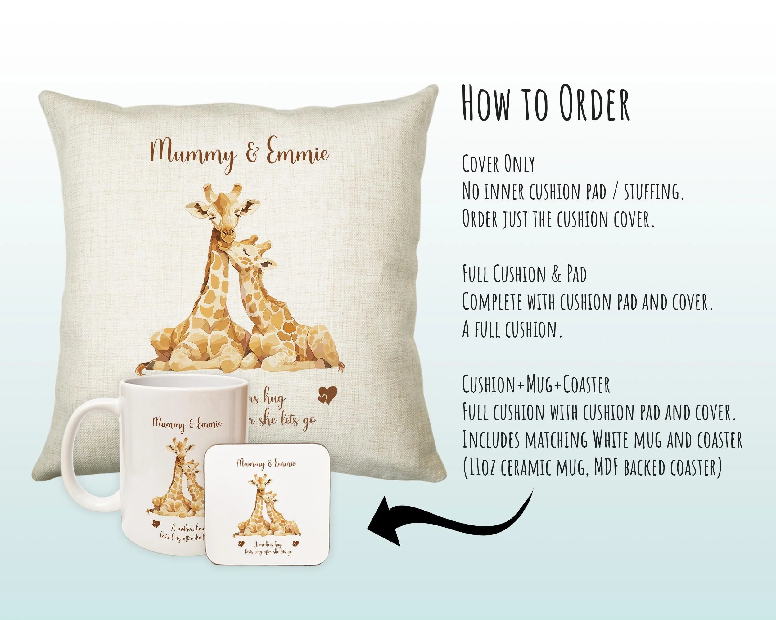 Mum Gift from Son Daughter - Personalised Giraffe Design Mummy Scatter Cushion Matching Mummy Mug Coaster Gift Bundle Gifts for Mum SMC007 - Image 4
