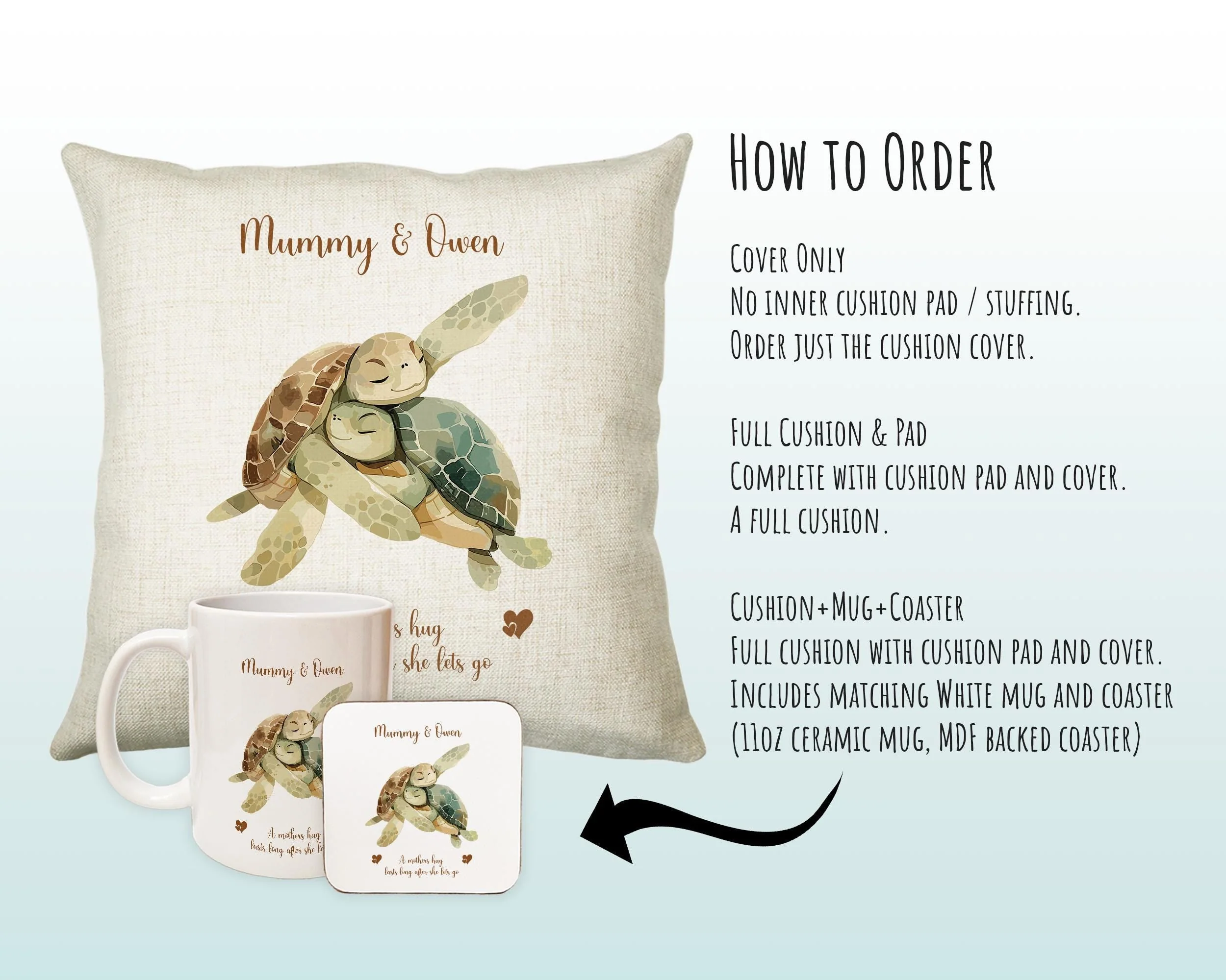 Mum Gift from Son Daughter - Personalised Turtle Design Mummy Scatter Cushion Matching Mummy Mug Coaster Gift Bundle Gifts for Mum SMC009 - Image 6